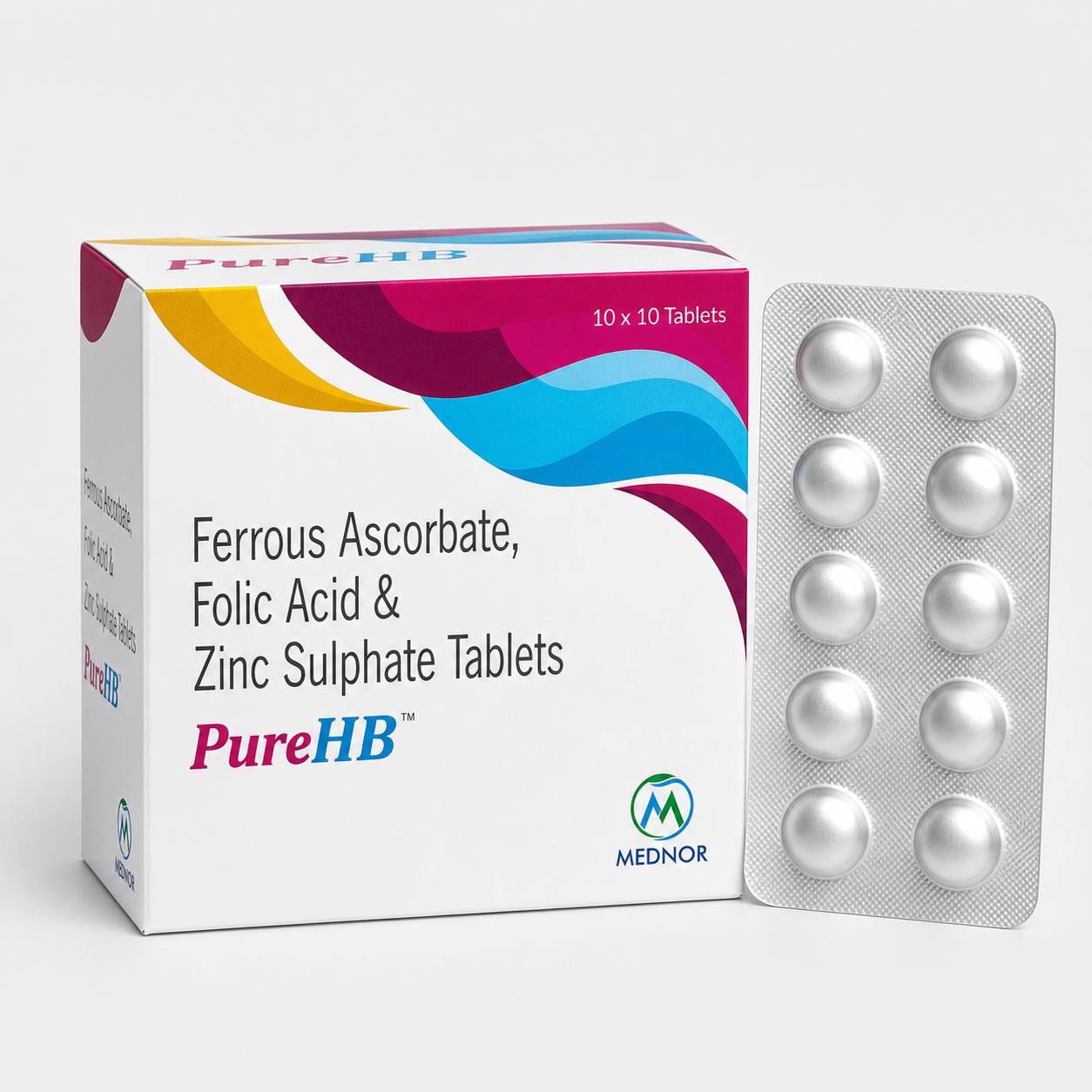 PureHB Ferrous Ascorbate Folic Acid and Zinc Sulphate tablets MEDNOR pack